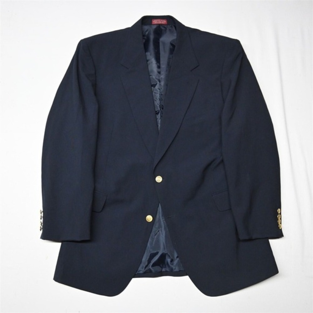 Vtg New Castle & York 46L Navy Blue 100% Wool Hopsack Gold‎ Button Blazer Jacket